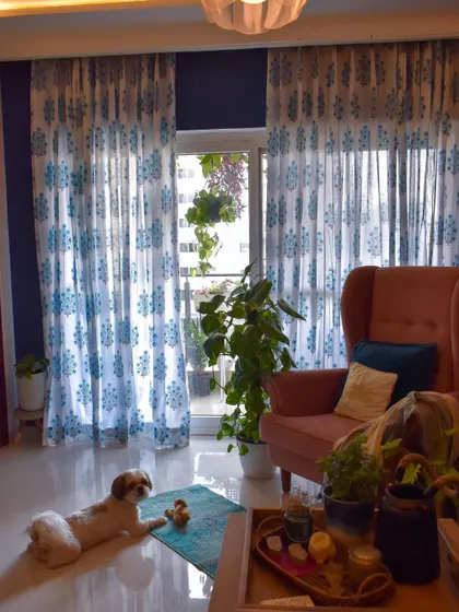 A final shot of the summer-ready living room. The light filtering through the block print curtains creates a beautiful pattern on the floor.