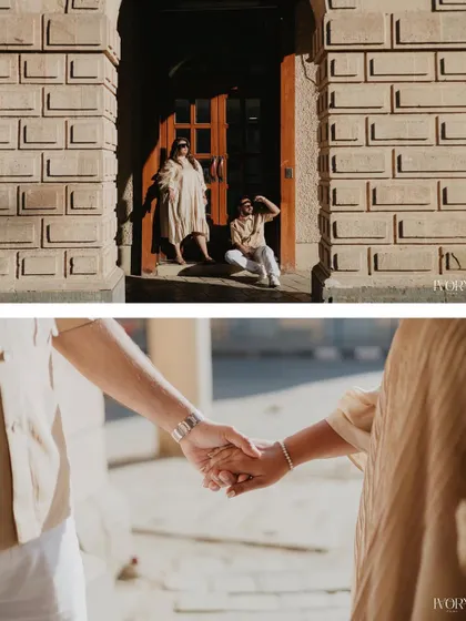 This two-part image tells a story of connection. The top frame shows the couple posing in a sunlit doorway, while the bottom frame is a close-up of them holding hands, symbolizing their bond.