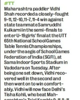 A mobile-friendly view of the news article about Vidhi's semi-final win, showcasing her comeback after being one set down.