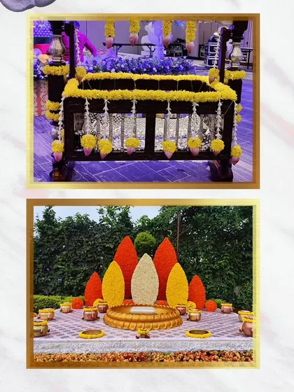 A collage showing different decor elements for a baby shower or naming ceremony, including a decorated cradle and a traditional floral setup.