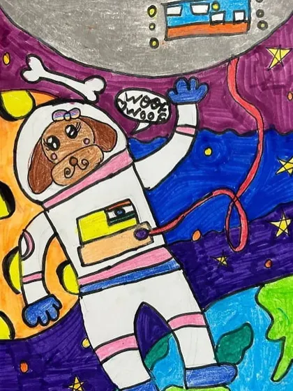 A dog astronaut floating in space. This imaginative piece combines a love for animals with the excitement of space exploration, resulting in a truly unique and creative artwork.