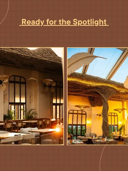 A side-by-side comparison of the finished Nido space, highlighting the dramatic effect of the lighting and the intricate details of the lantana-wrapped column.