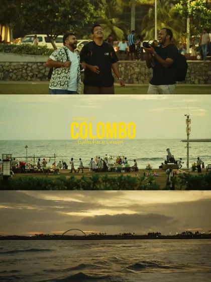 A collage capturing the lively atmosphere of Galle Face Green in Colombo, with friends enjoying the view and the beautiful sunset over the ocean.