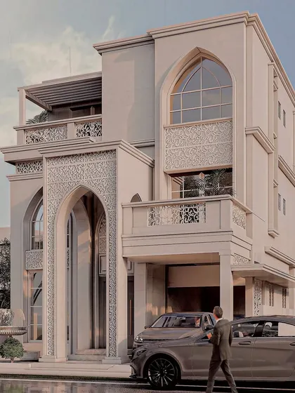 This perspective of the Islamic-style home highlights the intricate cornice details and the pillared double-height foyer. The design is a tribute to traditional Islamic architecture infused with modern functionality.