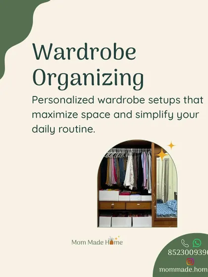 This graphic highlights my wardrobe organizing service. We create personalized setups that maximize space and simplify your daily routine, just like we did for our many happy clients.