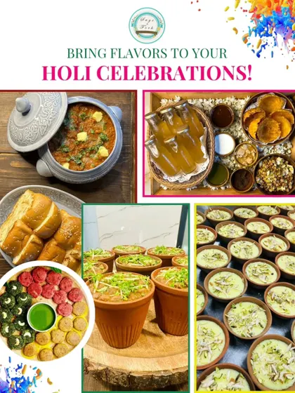 Bring flavors to your Holi celebrations with our special menu. This collage features Holi favorites like Pav Bhaji, Kebab Platters, Thandai, and Phirni.
