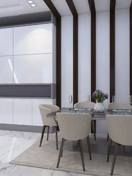 An alternative view of the dining space, showcasing a striped accent wall for a more subdued but equally modern look.