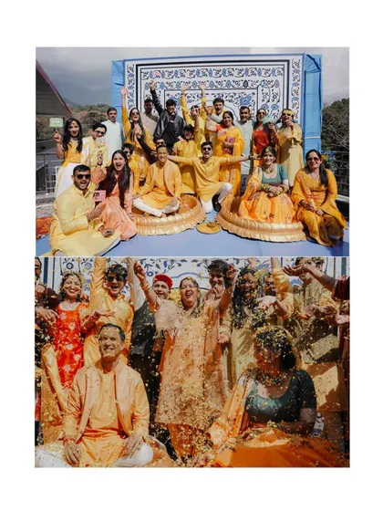 A diptych showing the whole family celebrating the Haldi ceremony. It captures the group's energy and the messy fun of the flower and turmeric shower.