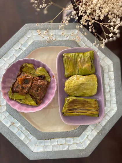 A platter of my vegetarian Pollichathu parcels. These are perfect for catering and parties, offering a unique and flavorful option for all guests.
