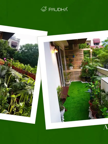 Even the most ordinary spaces can become stunning outdoor havens. This before-and-after shows a cluttered balcony being transformed into an organized and lush green space.