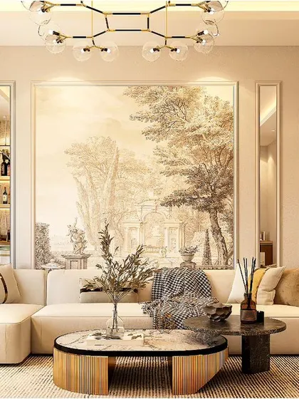 A serene living room designed in a light, neutral palette. The large landscape artwork serves as a calming focal point, complemented by a comfortable sectional sofa and elegant gold-toned lighting for a touch of modern glamour.