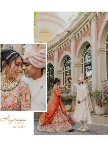 A beautiful collage that combines a close-up of the couple's happy faces with a wider shot of them in a playful moment. The text "Happiness starts with you" perfectly encapsulates the feeling of the day.
