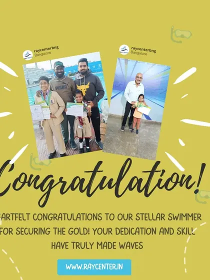 A collage celebrating our stellar swimmers who secured gold, a result of their dedication and skill.