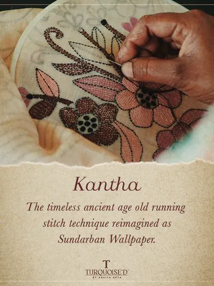 The Sundarban Wallpaper is inspired by Kantha, the timeless running stitch technique from Bengal. I have reimagined this ancient craft to create a wallpaper that tells stories through its detailed, embroidered textures.
