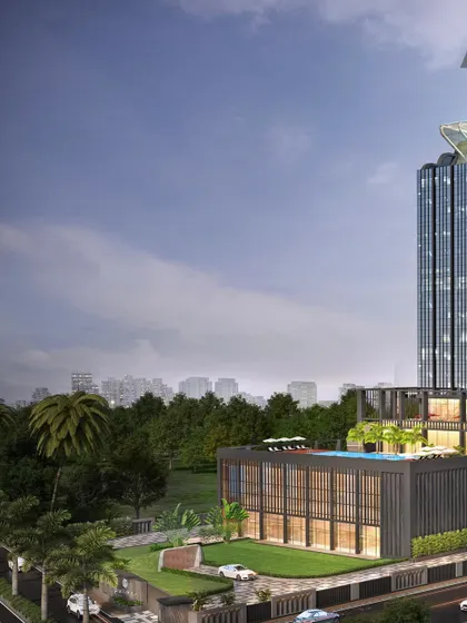 A view of the Pullman Hotel's lower levels, which include a pool and outdoor event spaces. The design blends contemporary elegance with functional grandeur for a complete hospitality experience.