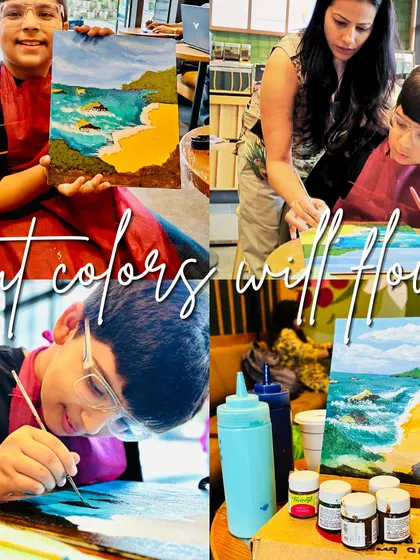 ...but the colors will flow. This collage captures the journey of a young artist in my beach-themed workshop, from the first strokes to the proud final result.