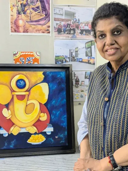 A closer look at Priyanka ma'am's stunning Ganesha painting. Created with acrylics, this piece showcases her unique style and devotion.