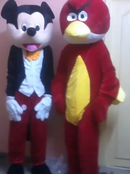 I can arrange for character mascots to surprise your guests. Here are the full costumes for Mickey Mouse and the Angry Bird, ready to bring smiles and create great photo opportunities at your child's birthday party or family gathering.