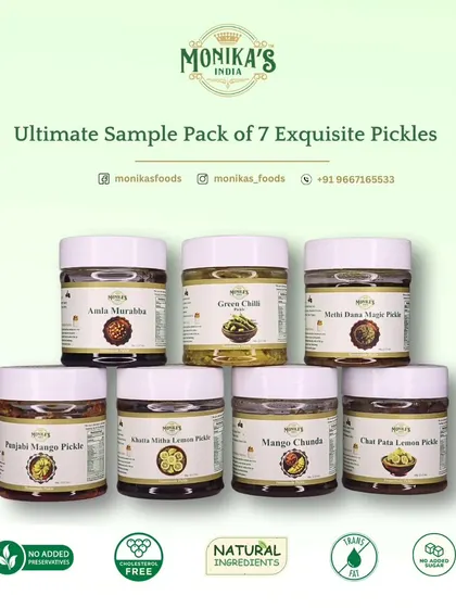 Can't decide which one to try? I've made it easy for you with my Ultimate Sample Pack. It includes seven of my most-loved pickles and preserves, from the spicy Green Chilli to the sweet Amla Murabba. This is the perfect way to explore my range of flavours and find your new favourite.