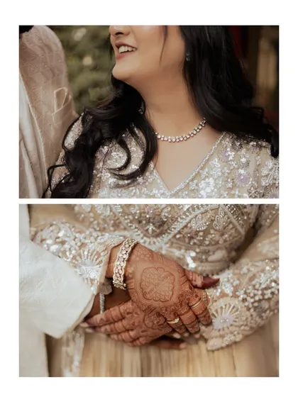 A detail-oriented collage from an engagement, showing the bride's smile, her intricate jewelry, and the couple's hands clasped together.