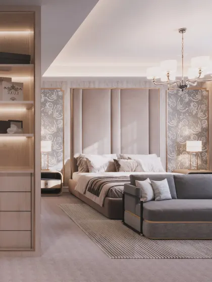 A luxurious master bedroom in a London residence, featuring a tall, upholstered headboard and classic-style wallpaper. The render creates a feeling of soft, traditional elegance.