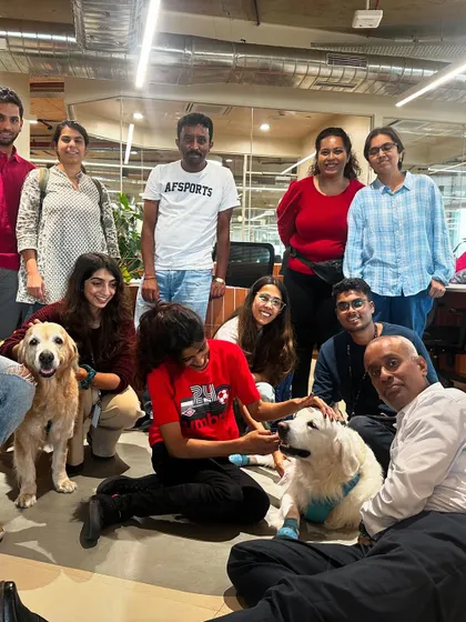 A well-socialized dog is welcome anywhere! Here are my graduates Coco and Ginger visiting an office, calmly interacting with new people and enjoying the experience. This is the result of consistent, positive exposure.