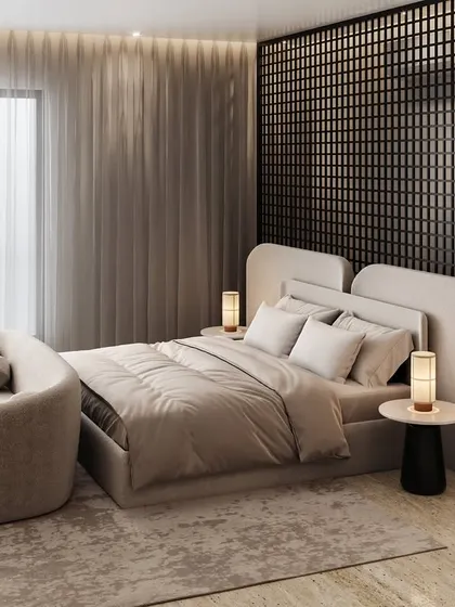 A different angle of the minimalist master bedroom, providing a clearer view of the bed's design and the soft, flowing curtains that add a layer of texture to the space.