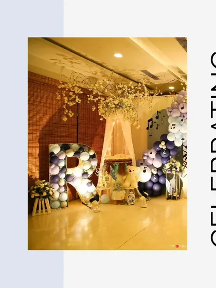 A collage from the 'Raag' naming ceremony, showing the music-themed decor, including a large 'R' filled with balloons and a teepee for the baby.