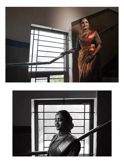 A collage of the bride on a staircase, captured in both color and black and white, showcasing her timeless elegance.