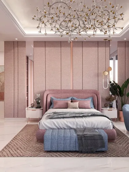 A wider view of the luxurious daughter's bedroom render, showing the city view from the large window, the floating desk, and the chic, calming atmosphere.
