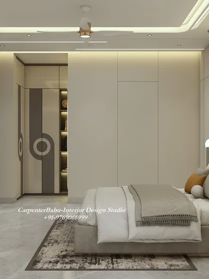 This view shows the wardrobe with its integrated open shelving, perfect for displaying books or decorative items. The design is both stylish and practical.