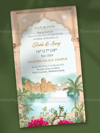 Embark on a royal journey of love in the City of Lakes. This Save the Date card for a wedding in Udaipur features a stunning watercolor illustration of the Gogunda Palace, framed by a classic arch.