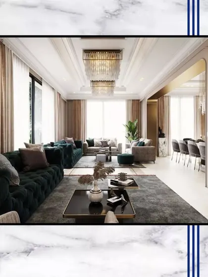 We design living rooms that are both peaceful and calming. This rendering showcases a spacious layout with elegant furniture and large windows, creating an inviting heart of the home.