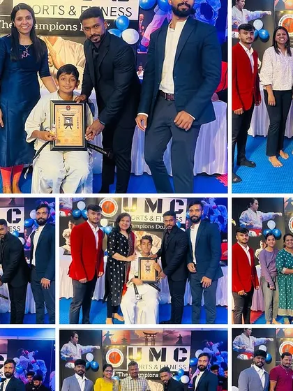 A collection of photos showing families celebrating their children's black belt achievements.