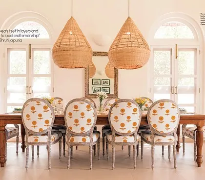 For this Spanish-inspired villa in Goa, the dining room is the heart of the home. I designed these oversized cane light fixtures and had them custom-made by local Goan artisans, bringing a piece of the region's craft heritage right to the dinner table.