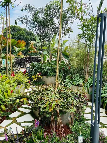 We integrate hardscape elements like modern light fixtures and pathways seamlessly into our plant designs. This ensures the terrace garden is not only beautiful during the day but also safe and atmospheric at night.