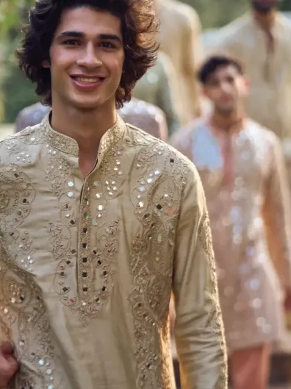 A close-up on a smiling model, highlighting the intricate mirror and threadwork around the collar.