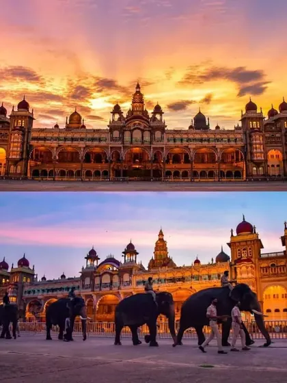 A composite image showing the Mysore Palace at sunset and during the Dasara procession with elephants. This celebrates the iconic beauty and cultural heritage of Mysore.