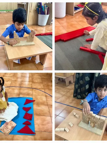 Even on celebration days, learning continues. Here, children in festive wear are focused on their Montessori materials.