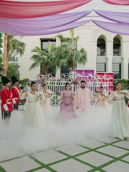 The full procession, with royal guards standing at attention as the couple makes their grand entrance. I plan every detail to ensure a cohesive and immersive themed experience.