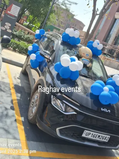 A slightly different angle of the decorated car, parked and ready for the celebration.