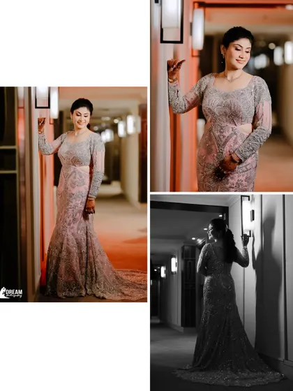 A triptych of bride Airika in a hotel corridor, playing with color and monochrome to create a stylish series.
