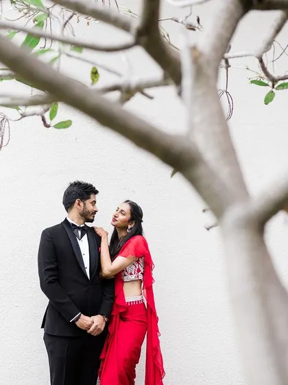 A classic, stylish portrait of the couple, framed by a tree, perfect for their reception album.