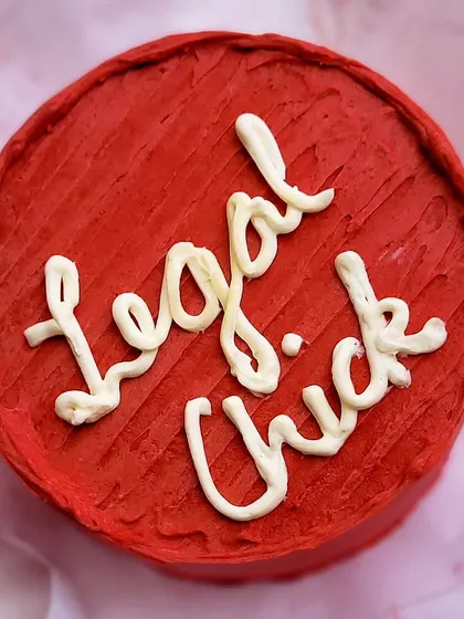 A "Legal Chick" bento cake in bold red. I love creating cakes that celebrate your personal and professional milestones.