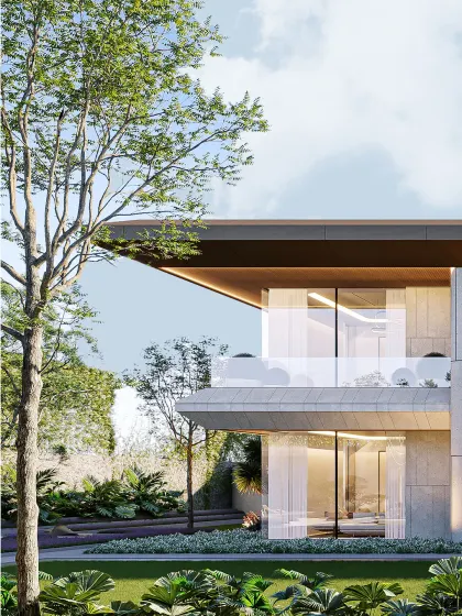 This facade is defined by soft edges and precise alignment, where the weight of concrete meets the lightness of glass. The composition is sculpted, not just constructed, with surrounding trees and greenery becoming an integral part of the architectural expression.