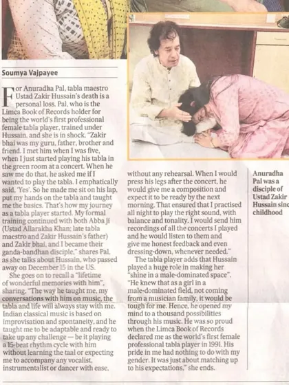 A newspaper article from the Hindustan Times where I shared my heartfelt tribute to my Guru, Zakirbhai, and how he helped me shine.