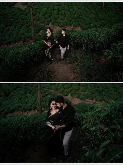 An overhead shot and an intimate embrace from the same tea garden pre-wedding session, showcasing different perspectives of their love story.