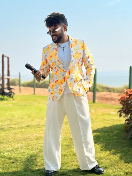 Another shot of my self-designed yellow blazer, perfect for a sunny, outdoor event.