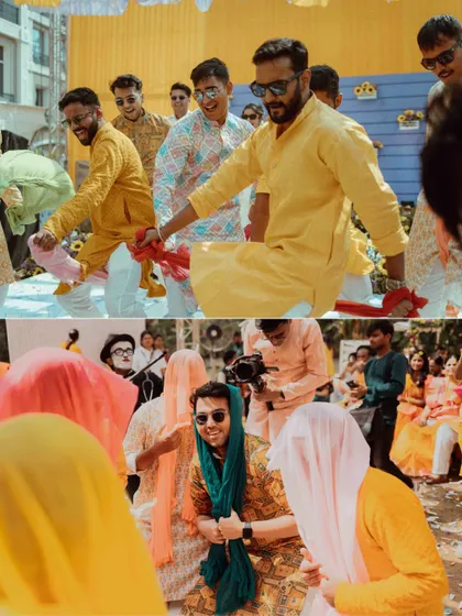 A collage showing the groomsmen and guests dancing with abandon at the Haldi party. It's all about capturing the collective joy and celebration.