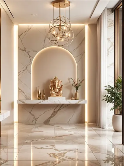A modern foyer where a marble accent wall with an arched niche serves as a backdrop for a Ganesha idol. The design is both spiritual and incredibly stylish.